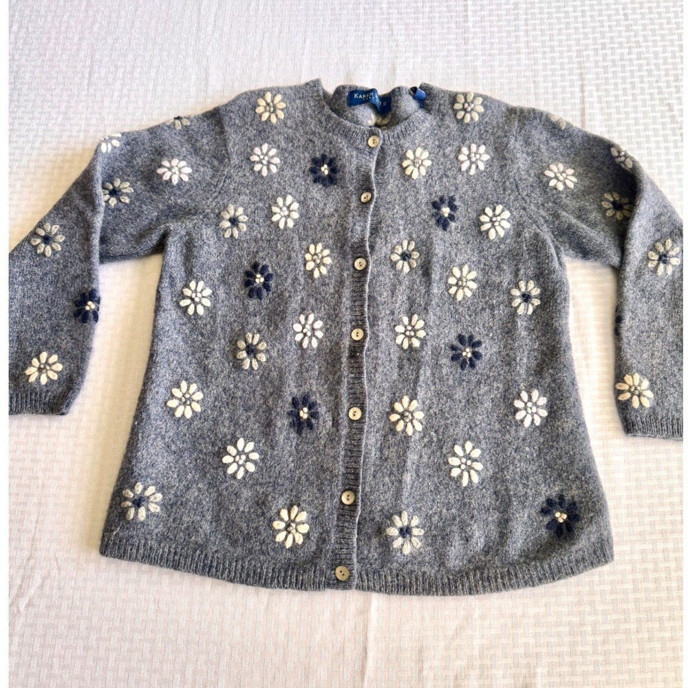 Karen Scott II Blue Floral Embroidered Pure Wool Cardigan Sweater Womens 2X